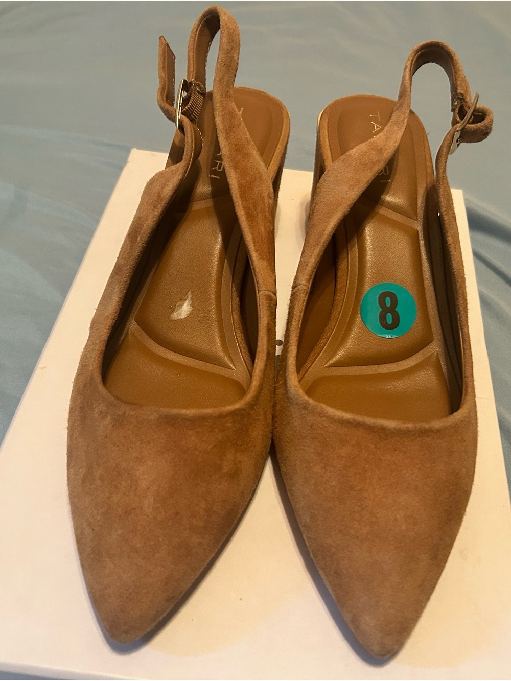 Tahari Camel Suede Slingback Block Heel Mules - Picture 6 of 6